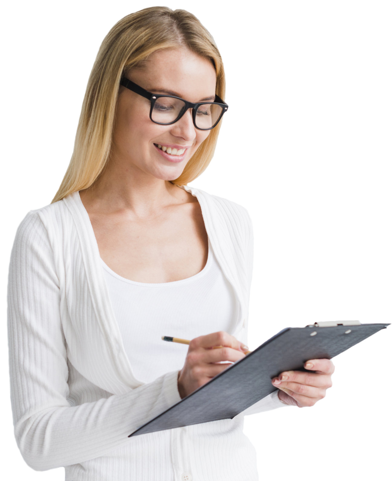 blonde-with-glasses-writing-clipboard